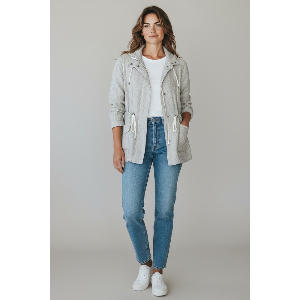 Lucky Brand Womens Grey White Pinstripe Utility Jacket Drawstring Waist Large